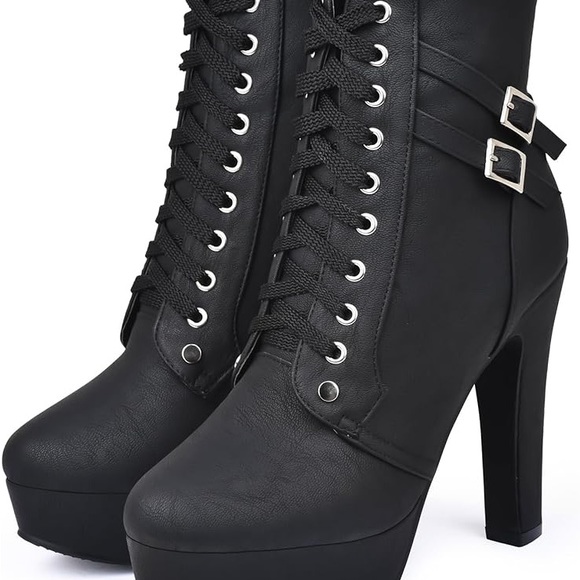 Womens Autumn Lace Up Ankle Buckle High Heel Boots Size 10 Black Platform Boots - Picture 7 of 8